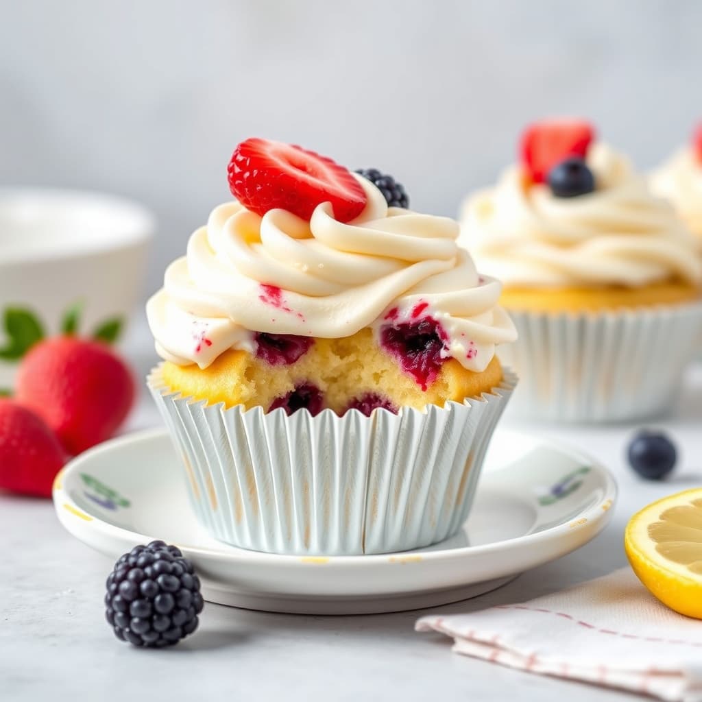 Veganske sitroncupcakes med fersk bærfyll og sitron-smørkrem