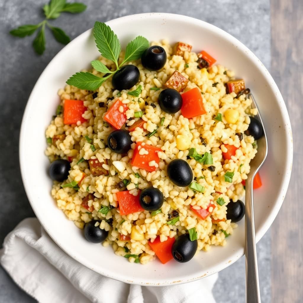 Vegetabell couscous med svarte oliven