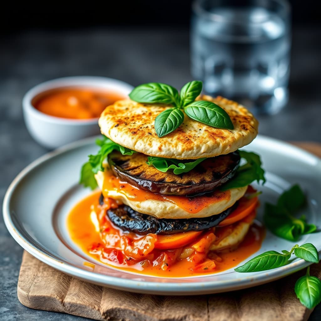 Vegetablenapoleon med grillede portobelloburgere og tomat-basilikum bisque
