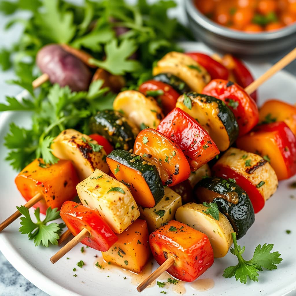 Vegetarbab på spyd med urter og hvitløksmarinade