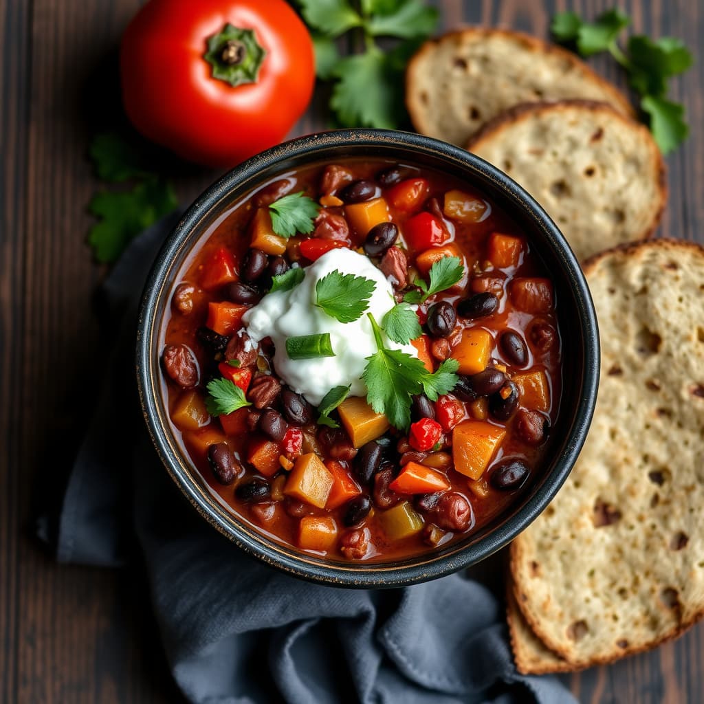 Vegetarisk chili med svarte bønner og paprika – søt og sterk
