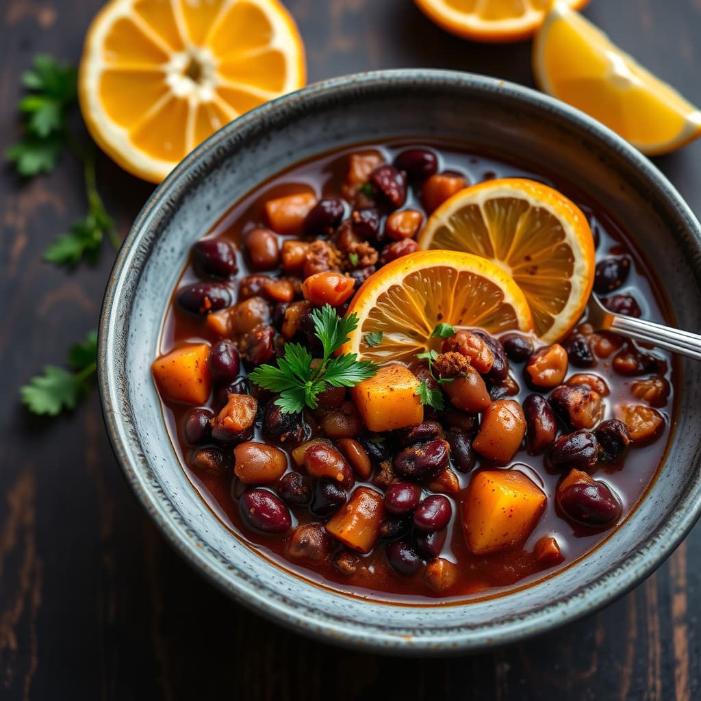 Vegetarisk svart bønne-chili med appelsin og spisskummen