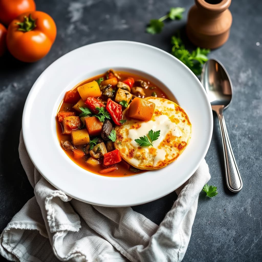 Vegetastuing med potet- og ostepannekaker