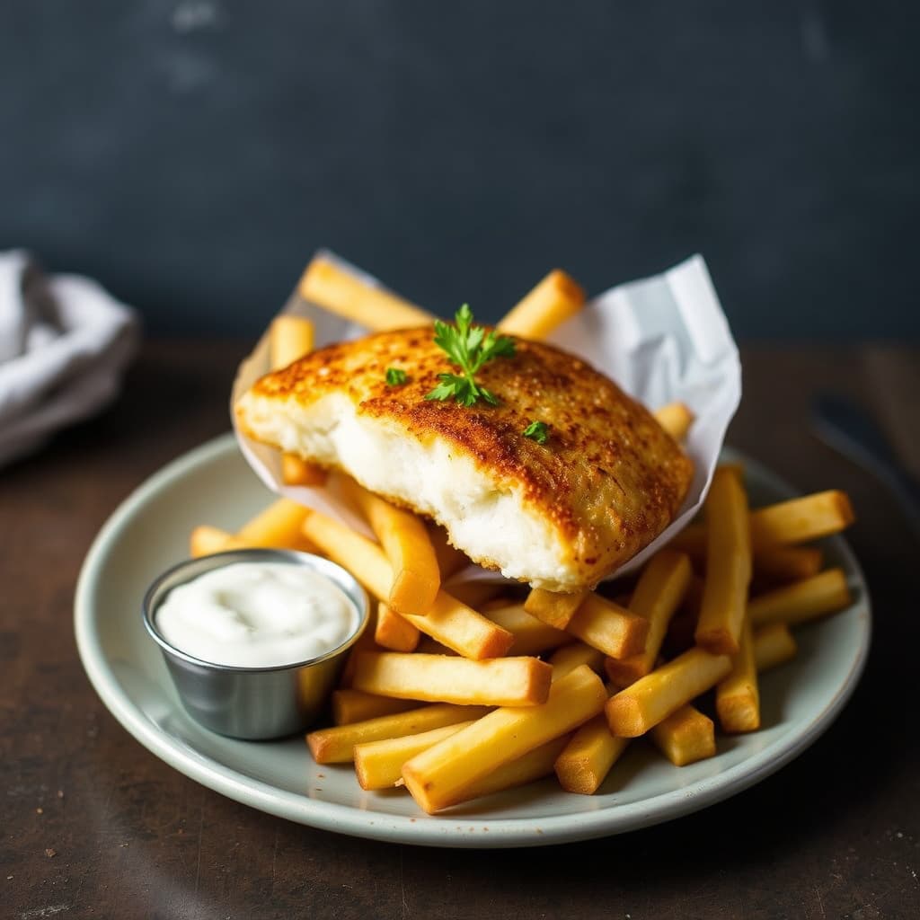 Vestkystens hellefisk med pommes frites og hjemmelaget tartarsaus