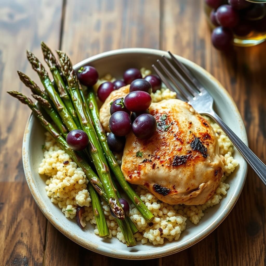 Vickis favorittkylling med druer, couscous og ovnsbakt asparges