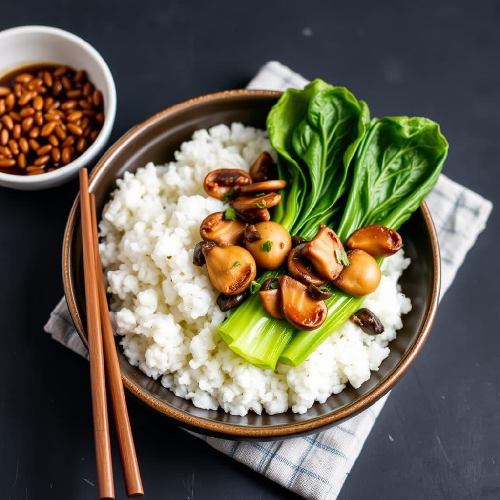 Vill sopp og bok choy i svart bønnesaus