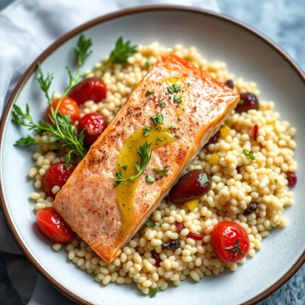 Villlaks med perlespelt, saktebakte tomater og sitron-oreganoolje