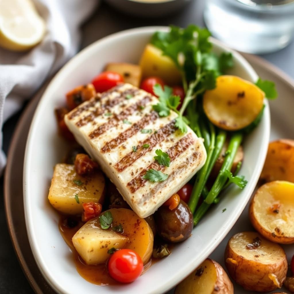 Villstripet bass med heirloom-tomatvinaigrette og provencalske olivenkartofler