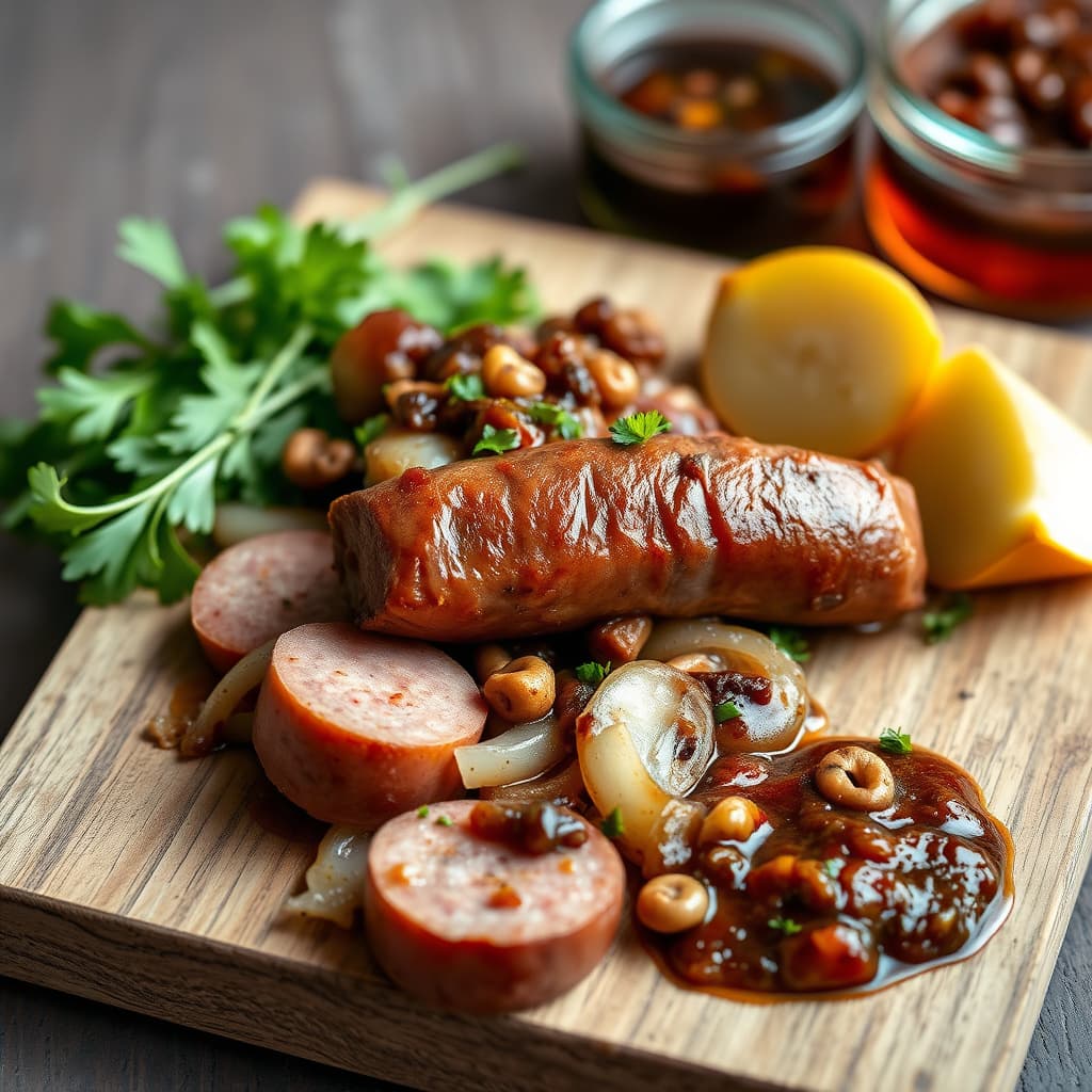 Villsvinpølse med løk, sopp og hjemmelaget chutney