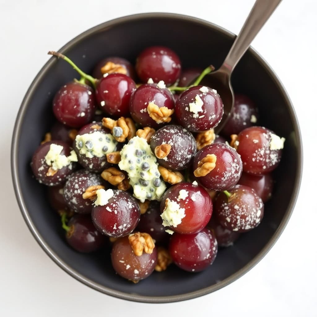 Vingårdsdrue dekket med valnøtt og blåmuggost