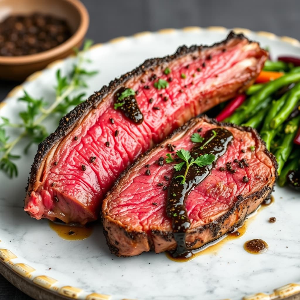 Wagyu New York-steaks med svart pepperkrydre og svart trøffeldressing