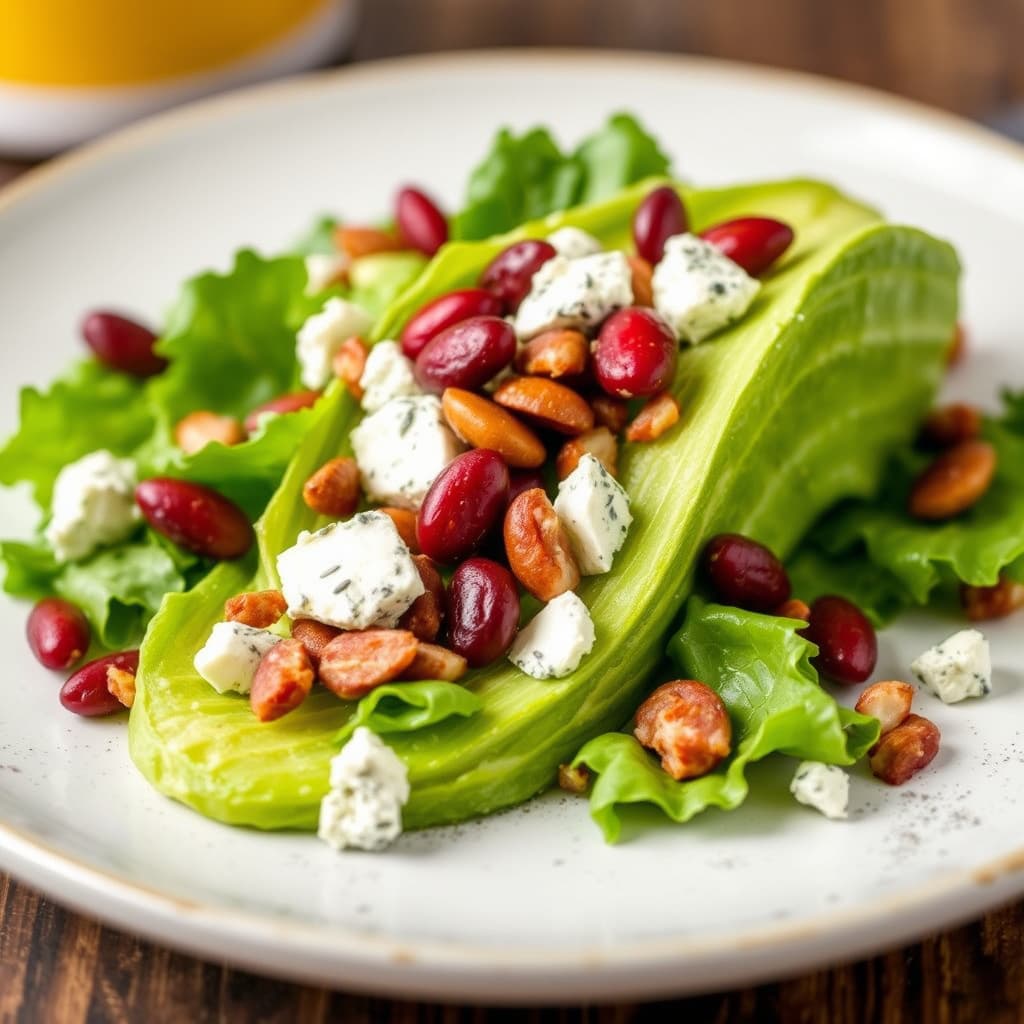 Wedgesalat med blåmuggost, tranebær og mandler, og bacon