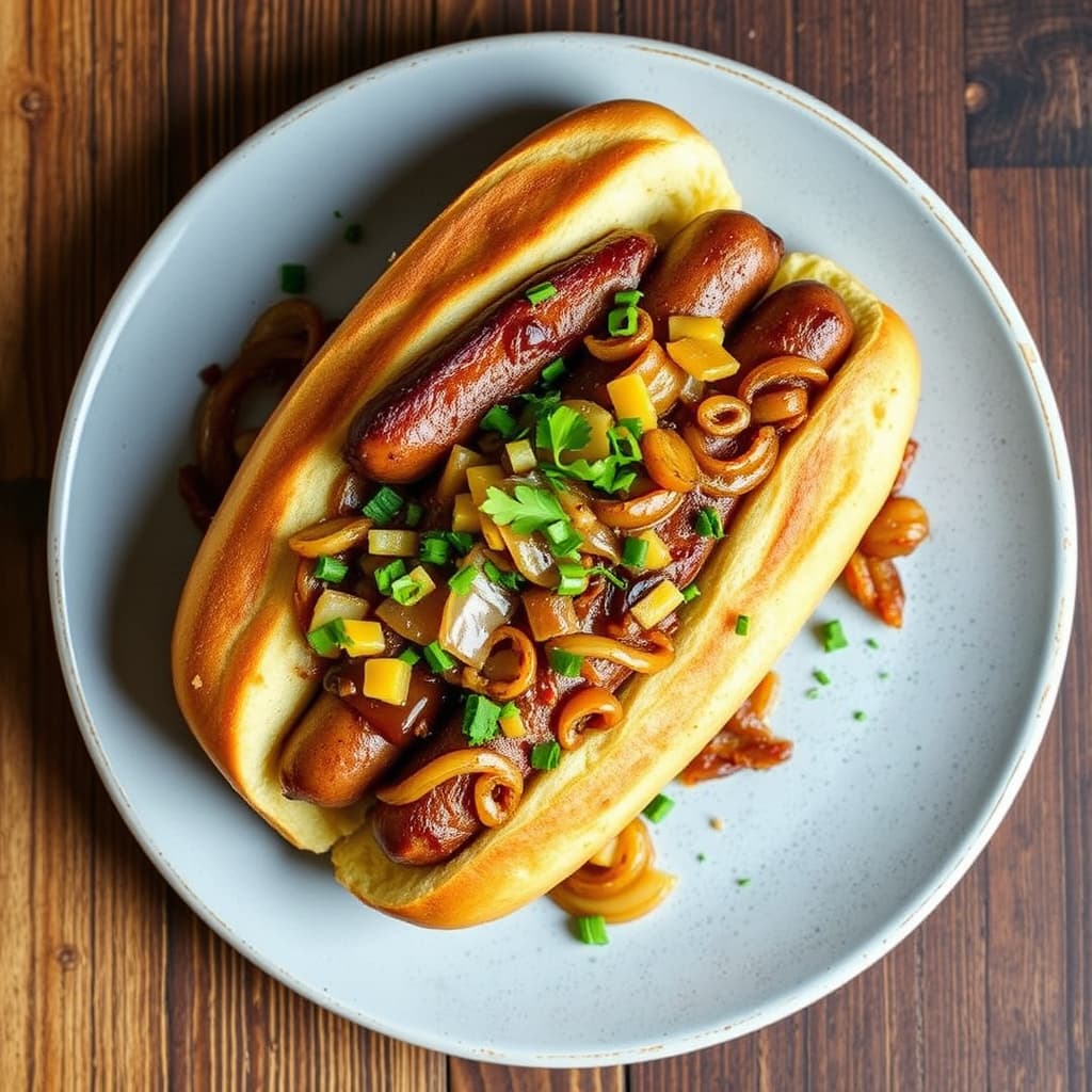 Wisconsin-okse- og cheddarpølser med ølbraiserte løk