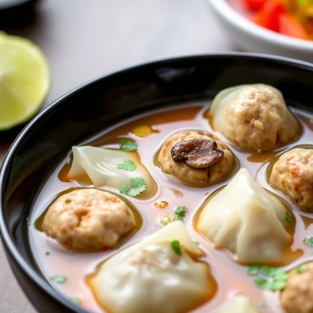 Wonton-suppe med sopp- og squash-"kjøttboller"