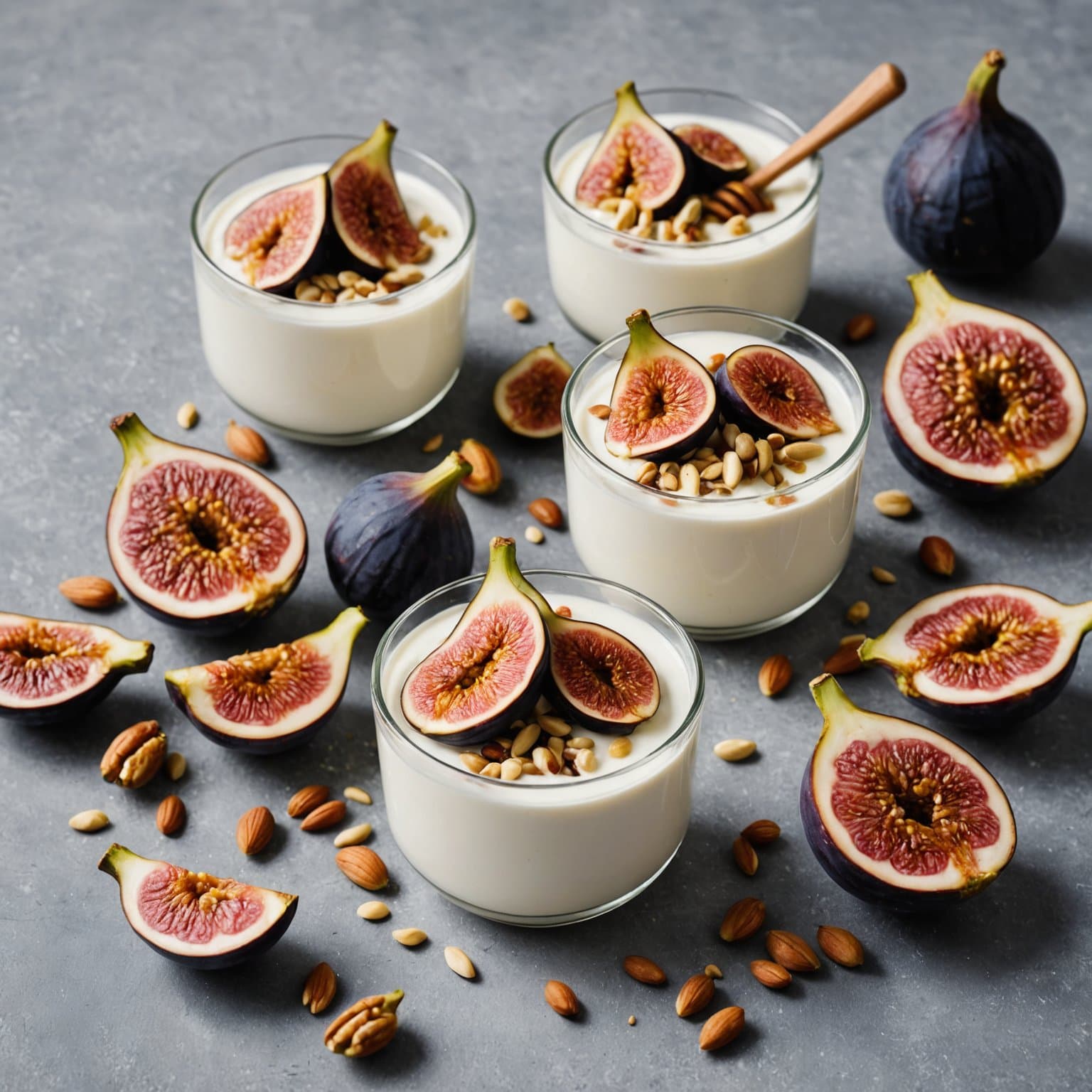 Yoghurt med ferske fiken, honning og pinjekjerner