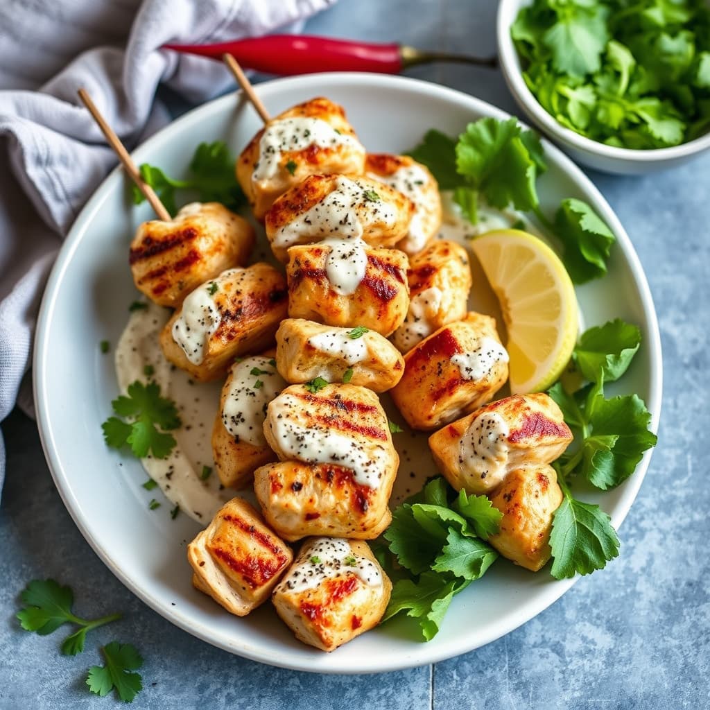 Yoghurtsmarinerte kyllingkebab med Aleppo-pepper