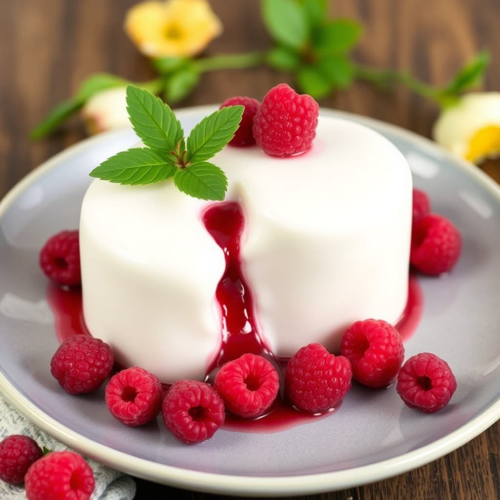 Yogurtpanna cotta med rosenduftende bringebær