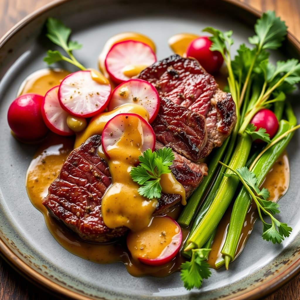 Ytrefilet av storfe med reddiker i sennepssaus