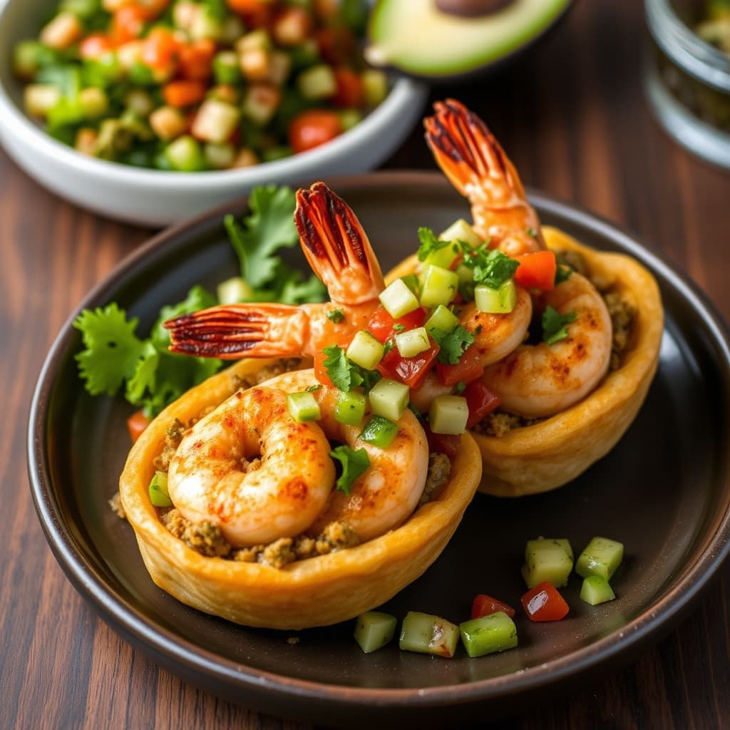 Yuca-fylte reker med mojo, revet salat og tartarsalsa