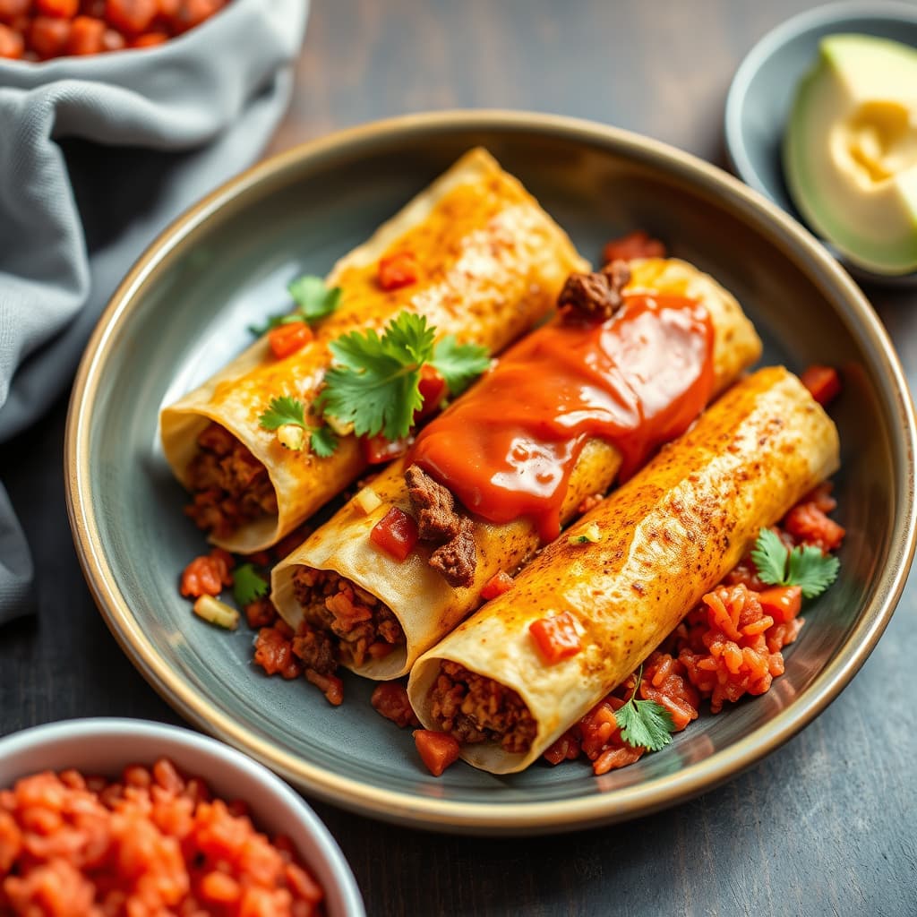Yucatansk biff-taquitos med rød ris