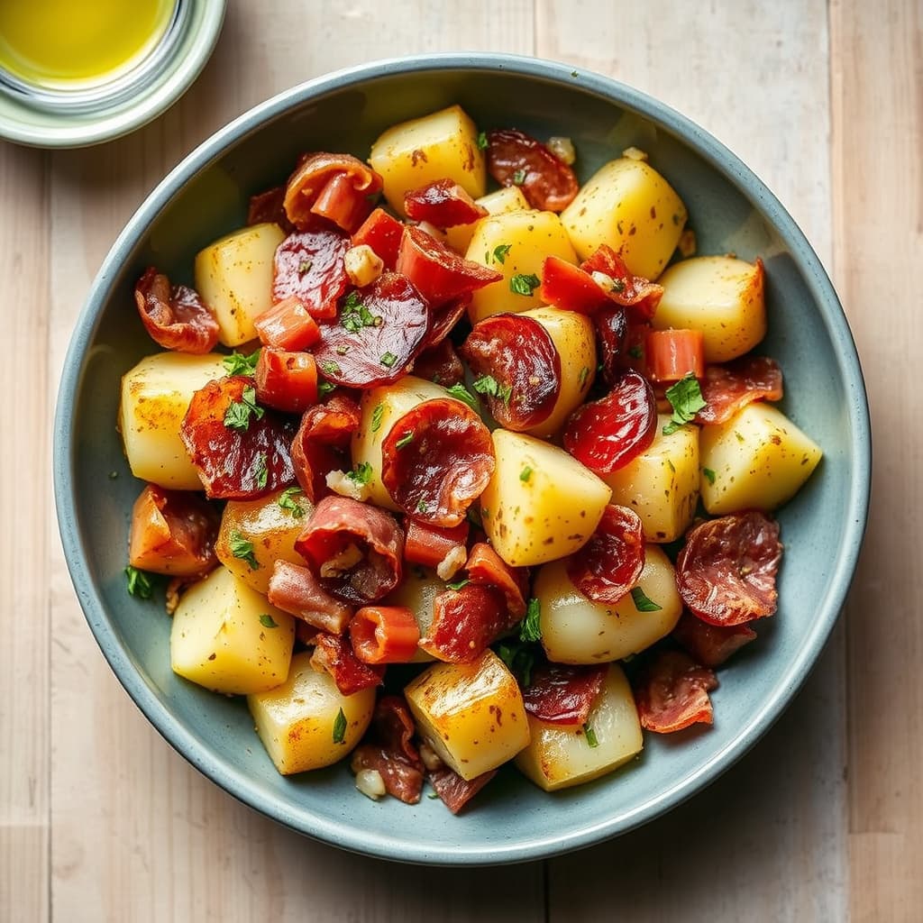 Yukon Gold-potetsalat med sprø prosciutto og trøffelolje