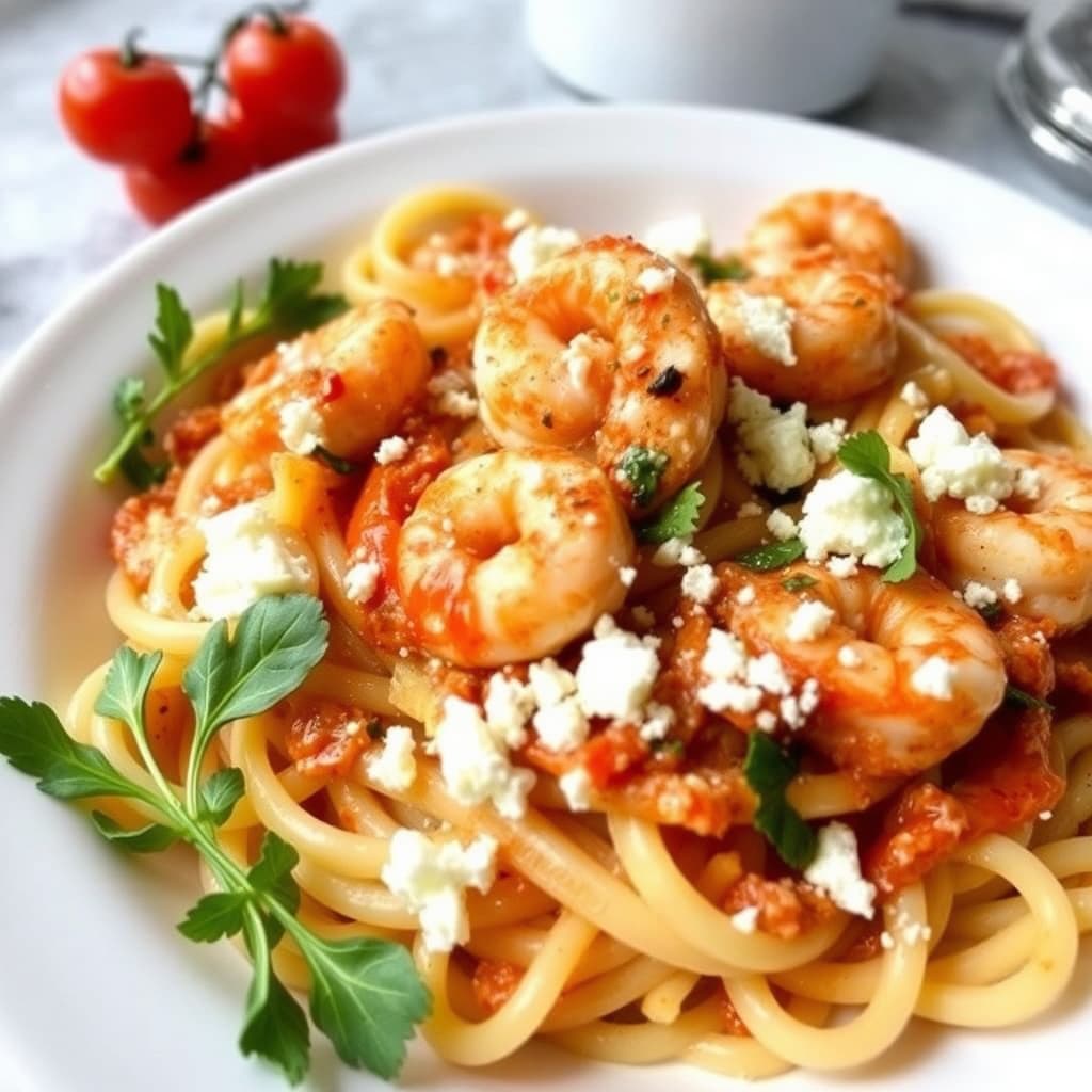 Ziti bakt med reker og fetaost – gresk stil