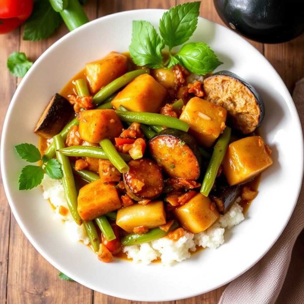 Zucchini-, bønne- og auberginegryte