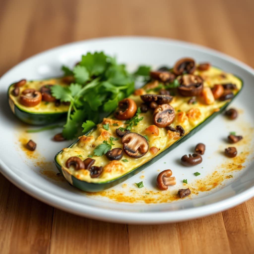 Zucchini fylt med vill sopp og pinjekjerner i en quiche