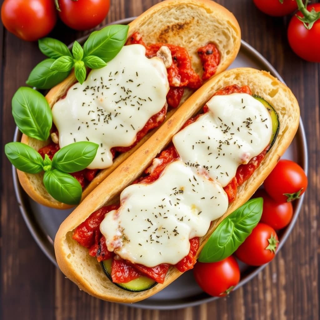 Zucchini Parmesan-sandwicher med tomater og basilikum